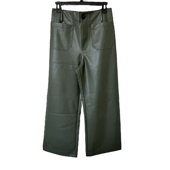 Anthropologie Maeve Colette Cropped Wide Leg Pants Faux Leather Holly Green 28 - Picture 5 of 12